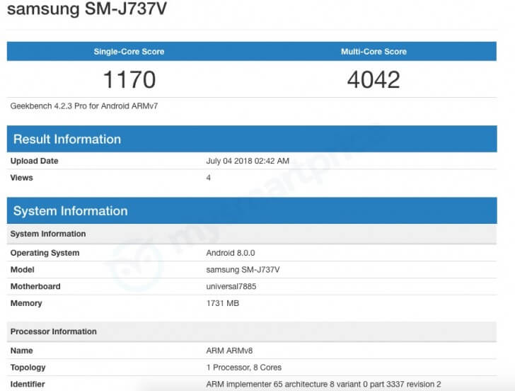 Samsung Galaxy J7 Aero shows up Exynos 7885 and 2GB of RAM on Geekbench