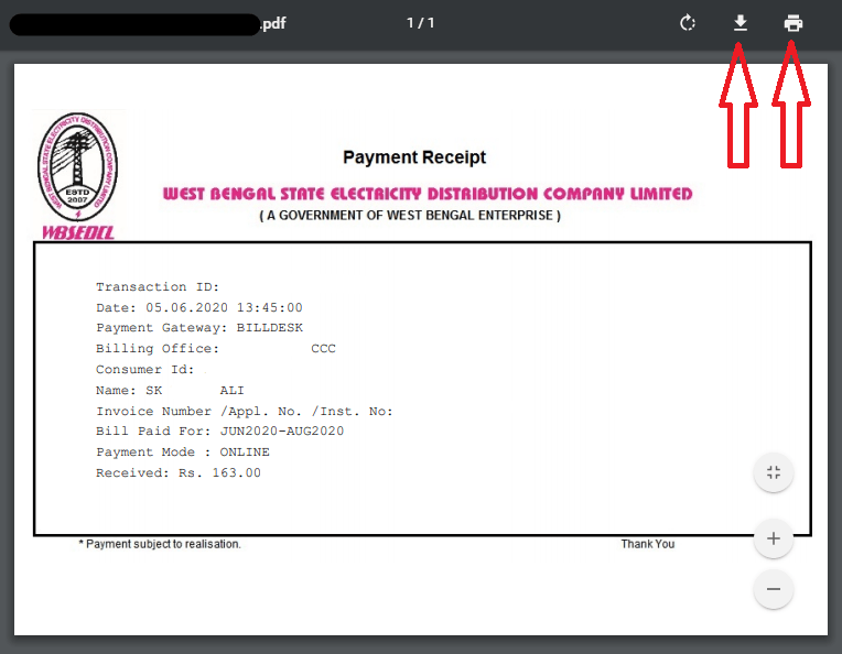 Download WBSEDCL ELECTRIC Bill Payment Receipt